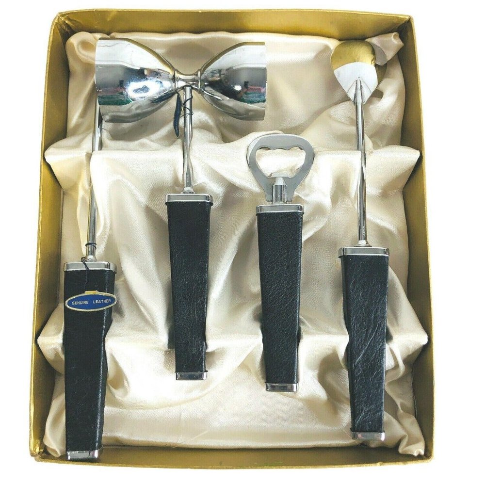 Vintage SWANK Ascot Bar Set Black Leather Silver - Picture 3 of 12